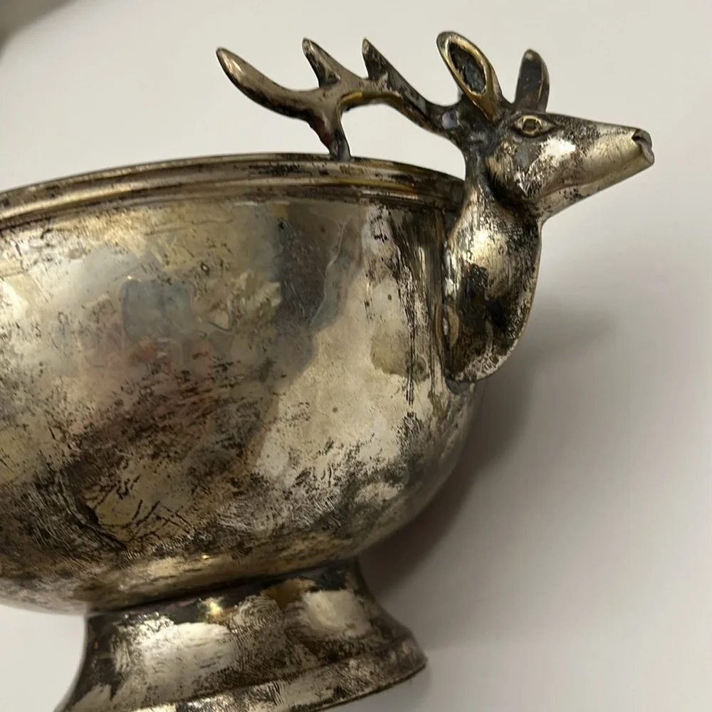 Vintage Silver Plate‎ Hammered Bowl with Stag Handles SKU 1492